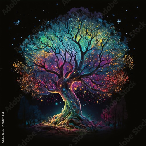 Jeweled Oak Tree in Glowing Colorful Fantasy Forest Art