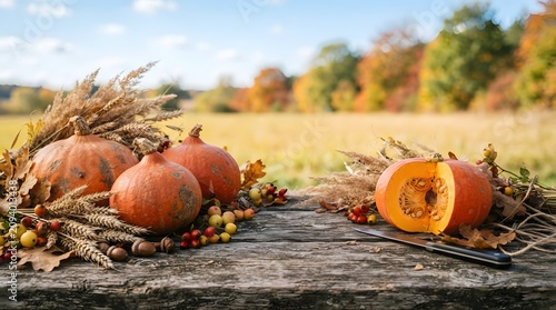 Autumnal Pumpkins on Wooden Table with Fall Leaves and Berries