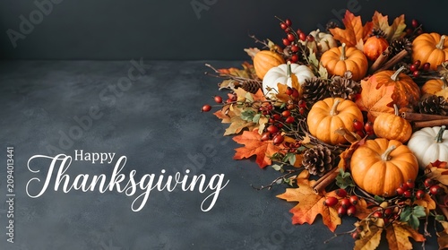 Autumnal Thanksgiving Greeting with Pumpkins and Leaves