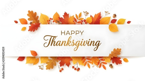 Golden Happy Thanksgiving greeting with colorful fall leaves