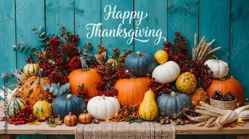 Happy Thanksgiving greeting  Pumpkins and Gourds on Wooden Table
