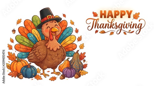 Cartoon turkey with colorful feathers and hat on white background