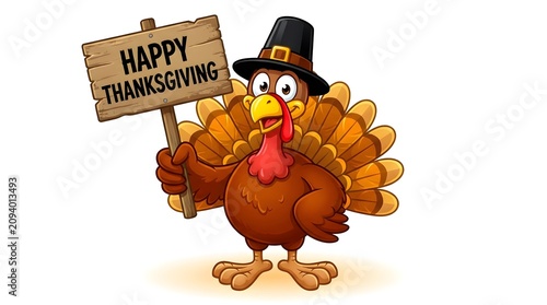 Cartoon Turkey Holding Happy Thanksgiving Sign Isolated on Transparent Background