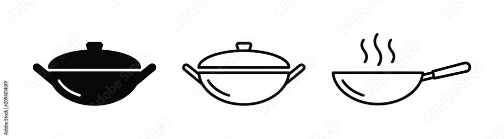 Fototapeta premium Set of black wok pan icons for cooking and kitchenware design
