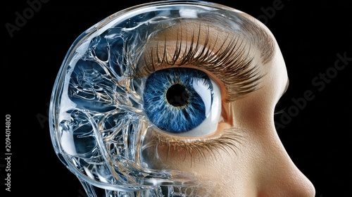 The Eye of Innovation: A striking close-up showcases a human eye, symbolizing vision and insight, seamlessly integrated with a transparent, neural network-like structure.