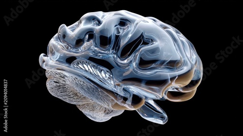 Transparent Brain Model: A detailed, transparent model of the human brain, revealing intricate internal structures, rendered with a focus on clarity and scientific representation.