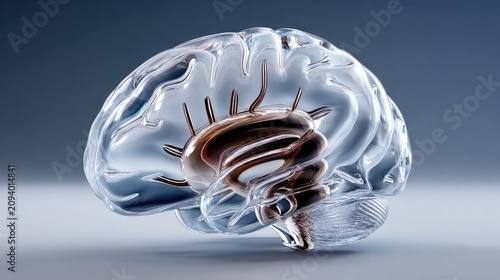 Transparent Brain Model: A detailed, transparent 3D model of a human brain, showcasing its intricate structures and neural pathways in a sleek, modern aesthetic. Perfect for medical, scientific.