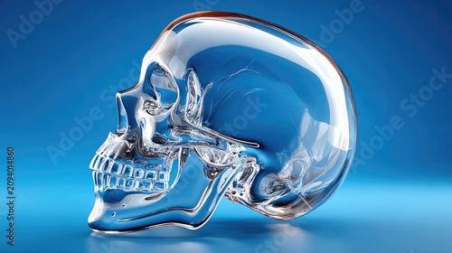 Transparent Human Skull Sculpture: A striking, transparent sculpture of a human skull is presented against a vibrant blue background, showcasing its intricate details and modern aesthetic.
