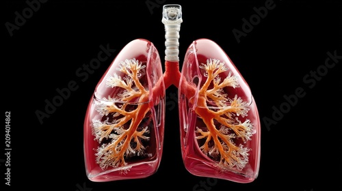 Anatomical Lungs: A detailed 3D illustration of healthy human lungs, showcasing the intricate network of bronchi and alveoli, presented against a stark, contrasting background.