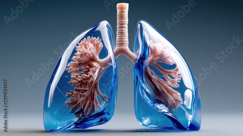 Anatomical Lungs: A detailed, stylized depiction of human lungs showcasing their intricate bronchial tree structure within translucent blue cavities, against a cool gradient background.