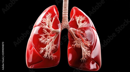 Human Lungs Anatomy: A detailed, realistic 3D rendering of healthy human lungs, showcasing the intricate branching of bronchioles within the vibrant red organ.