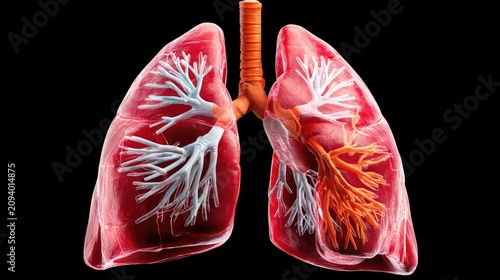 Human Lungs Anatomy: A detailed anatomical illustration of the human respiratory system, showcasing the intricate network of bronchi and alveoli within the lungs.