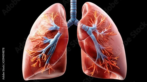 Human Lungs Anatomy: A detailed, vibrant illustration of human lungs, showcasing the intricate network of bronchi and alveoli, presented against a dark background.