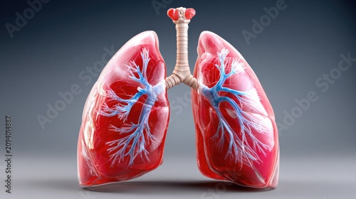 Anatomical illustration of Human Lungs: A detailed, vibrant 3D render showcases the intricate structure of human lungs, highlighting the bronchi and vascular network in a medical context.
