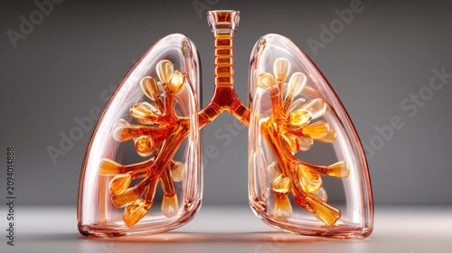 Transparent Lung Model: A detailed, transparent model of human lungs showcases the intricate bronchioles and alveoli, highlighting the delicate structure of the respiratory system.