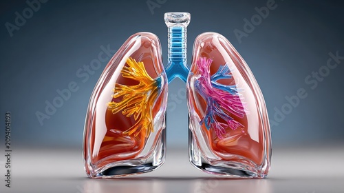 Transparent Lungs with Colorful Bronchioles: A visually striking, transparent model of human lungs showcases the intricate network of bronchioles, depicted in vibrant orange and pink hues.