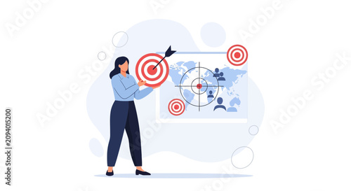 Businesswoman aiming at target on world map with audience segmentation illustration
