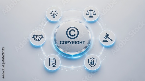 Circular digital copyright protection concept with central word Copyright surrounded by intellectual property law, legal agreement and security icons