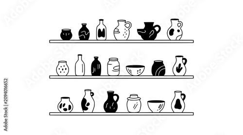 Quadro su tela Hand-drawn ceramic pottery collection displayed on shelves, minimalist illustrat