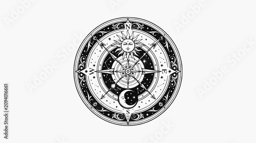 Slika na platnu Celestial Compass Rose with Sun, Moon, and Stars - Mystical Navigation Symbol