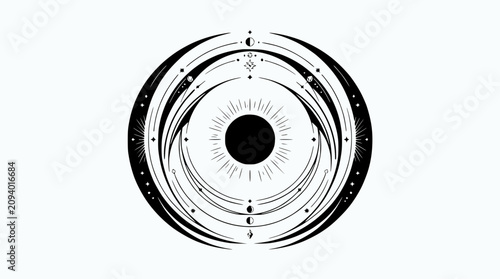 Schilderij op canvas Mystical Celestial Eye Emblem with Moon Phases and Stars - Esoteric Symbol