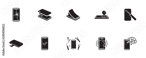 Collection of smartphone repair icons representing broken screens diagnostics troubleshooting mobile device servicing and tech support elements.
