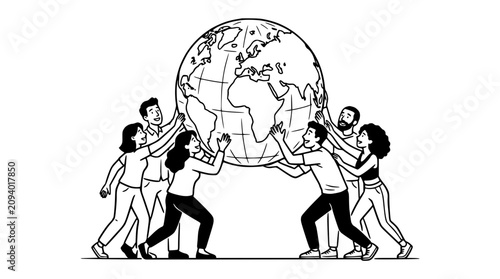 Quadro em tela Diverse group of people holding up the Earth, symbol of global cooperation and teamwork