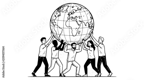 Quadro em tela Diverse group of people holding up the Earth, symbolizing global unity and teamwork