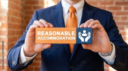 Сoncept of reasonable accommodation. Businessman holding blocks with icon of person and hands sees the text REASONABLE ACCOMMODATION. New concept