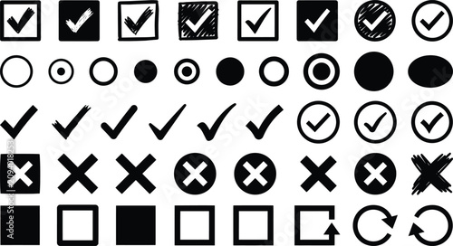 Foto User interface icon set with check marks, X marks, circles, squares, and refresh