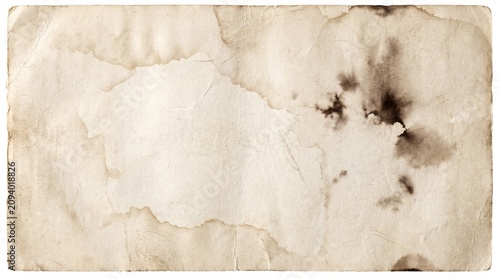 White paper background with realistic water stains, organic ink bleeding, vintage moisture damage, subtle wrinkles, aged fibers, archival document texture, minimal artistic style, ultra detailed 