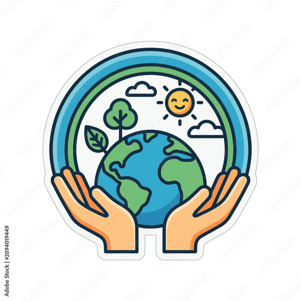 Obraz premium Hands Holding Earth Planet with Green Tree, Sun, Clouds, Rainbow - Eco Concept
