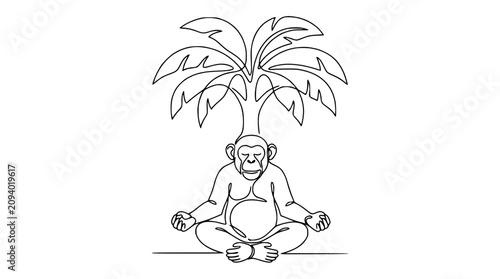 Photography Monkey Meditating Under Palm Tree, Zen Animal, Continuous Line Art