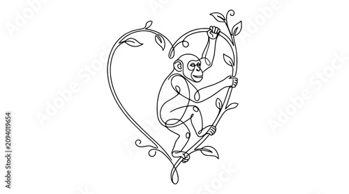 Photography Chimpanzee Climbing Heart Vine - Minimalist Line Art Illustration