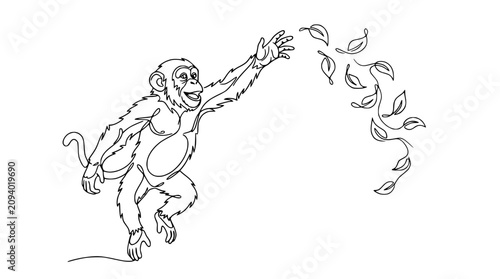 Photography Joyful Monkey Reaching for Falling Leaves - Continuous Line Art