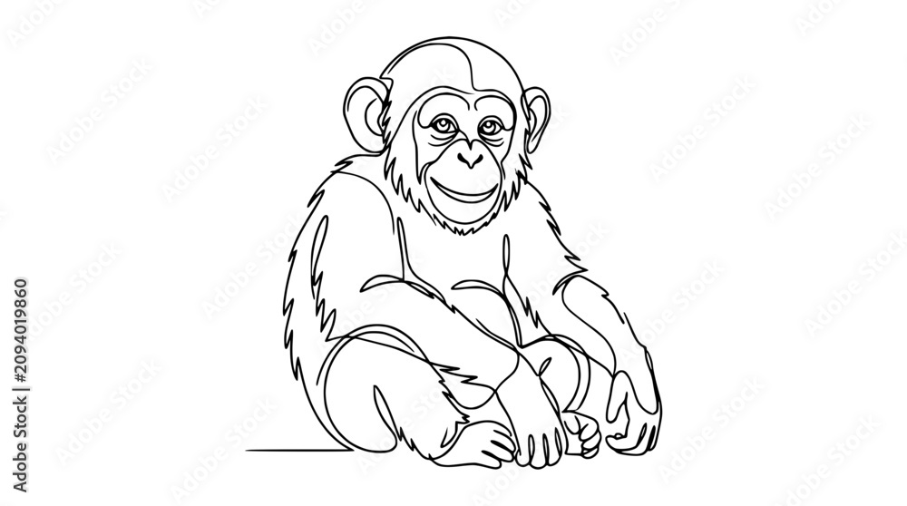 Obraz premium Continuous line drawing of a chimpanzee sitting, minimalist illustration, simple outline art