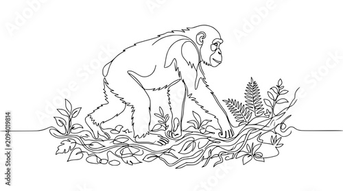 Tableau sur toile Single Line Drawing of a Chimpanzee Among Lush Greenery