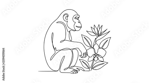 Canvas Print Chimpanzee Sitting Next to Exotic Flower, Single Line Art Drawing