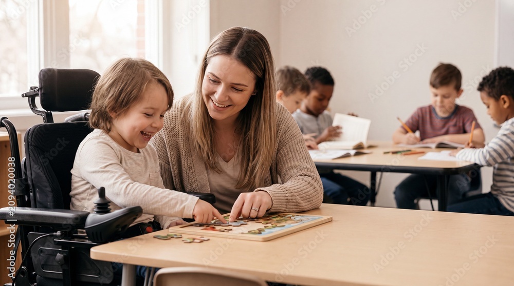 Fototapeta premium Teacher Aide Helping Child in Wheelchair with Classroom Activity