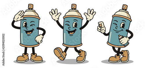 Retro Vintage Blue Aerosol Spray Can Cartoon Character Set