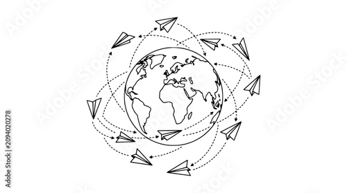 Photos Paper airplanes circling the globe, representing global communication and travel