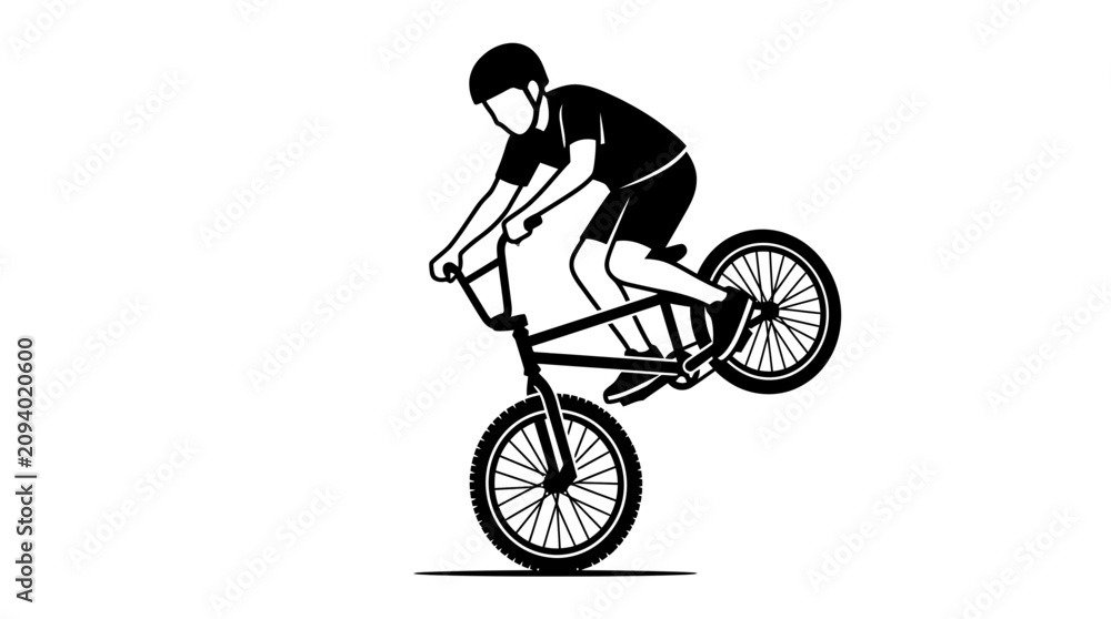 Obraz premium BMX rider performing a wheelie trick on a bicycle, isolated silhouette graphic
