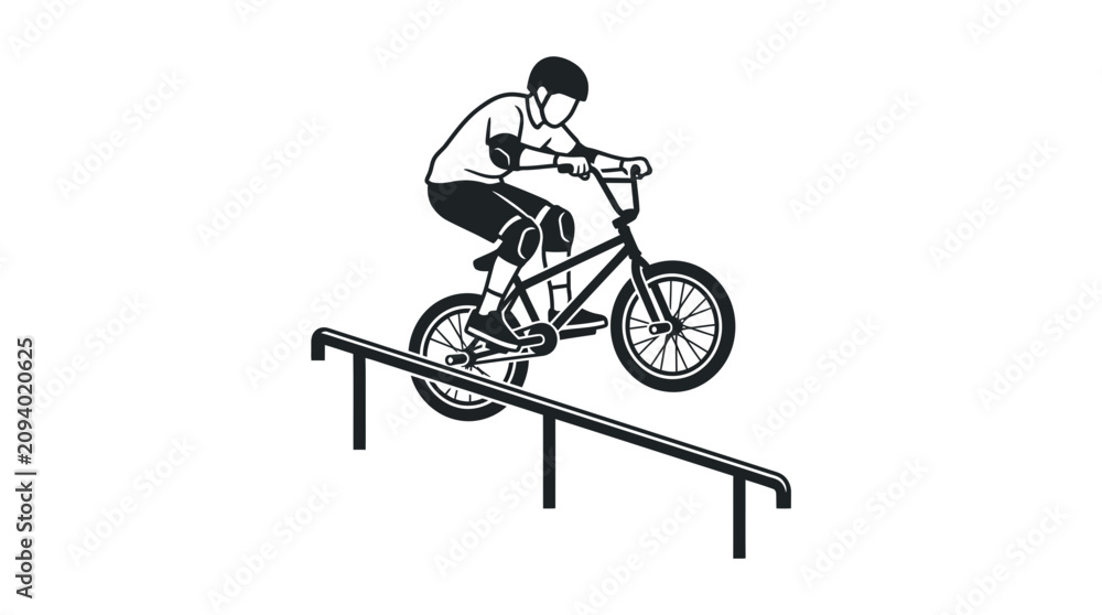 Obraz premium BMX rider performing trick on a rail, extreme sports, urban cycling, action illustration