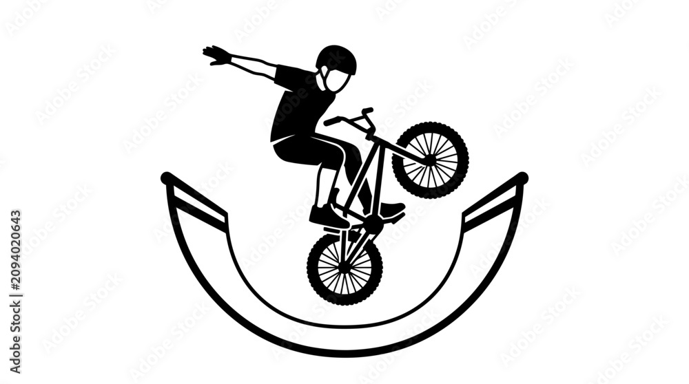 Obraz premium BMX Rider Performing Trick on Half Pipe Ramp, Silhouette Style