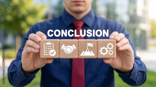 Concept of conclusion. Business person holding wooden blocks with icons sees the text CONCLUSION. New Concept