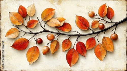 Autumn Leaves and Berries on a Branch for Scenic Nature Background