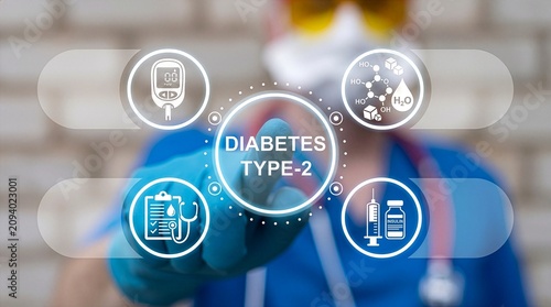 Doctor using virtual touch screen push on inscription DIABETES TYPE-2. Diabetes mellitus. Diabetes Type-2 Medical Health care concept. Type 2 diabetes and insulin production. New