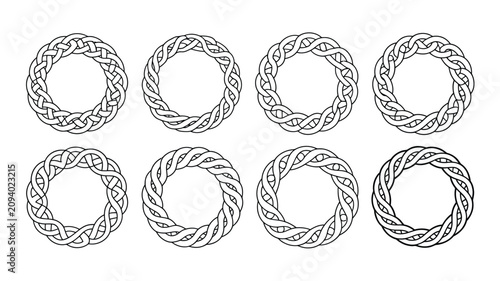 Set of Celtic knot circular frames line icons containing braided wreaths round borders and endless patterns vector isolated illustration.