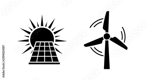 A minimalist black and white vector illustration of renewable energy symbols, featuring a solar panel with sun and a wind turbine, isolated on white.