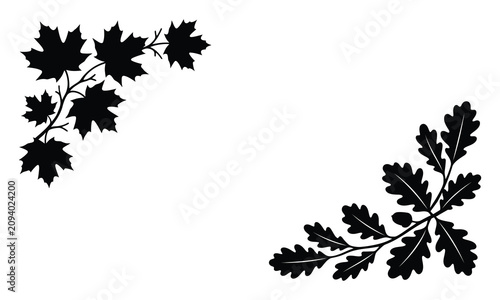 Black silhouette of oak and maple leaves on white background